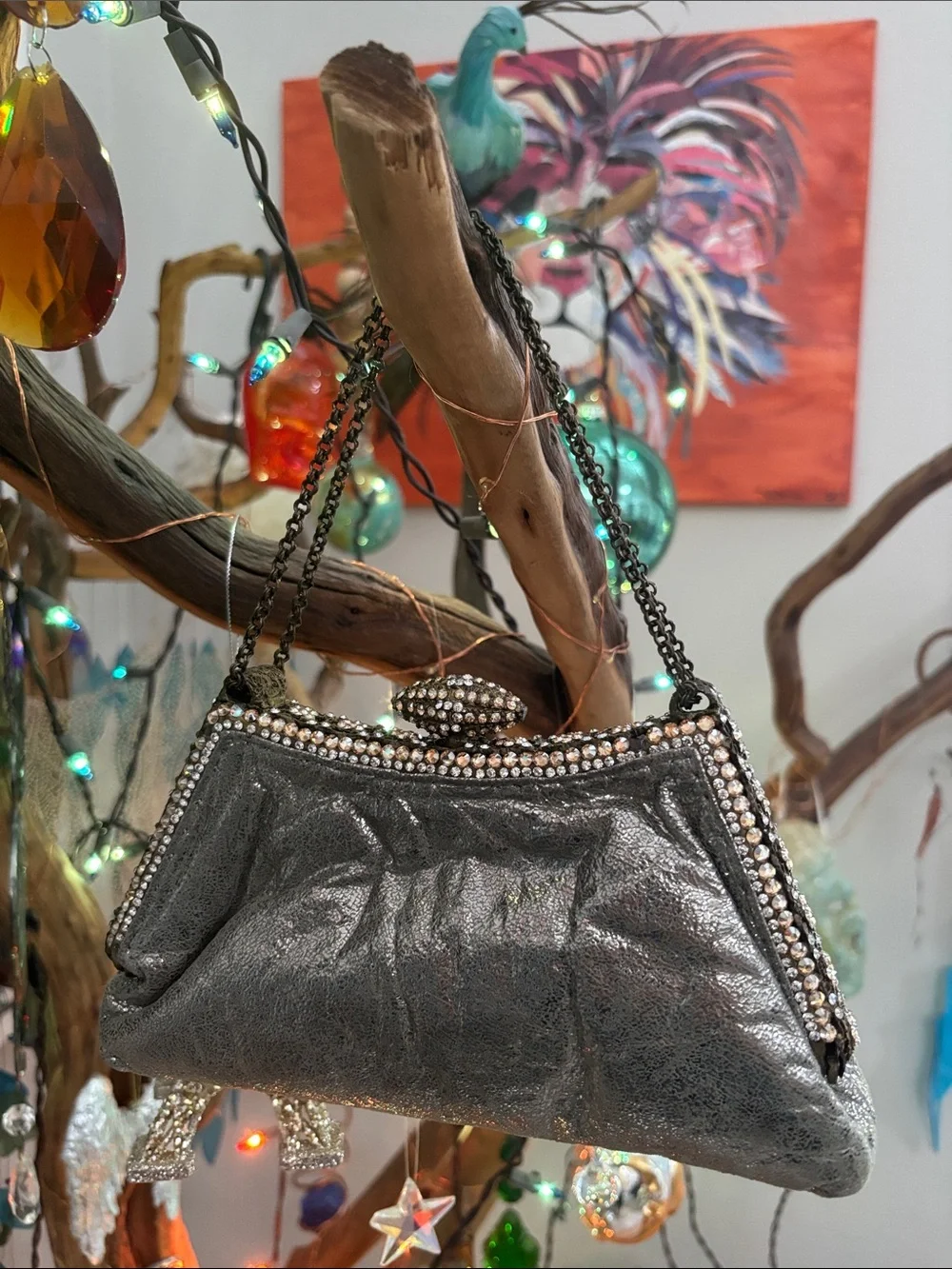 Metallic Silver Evening Clutch with Chain Strap by Lixenberg